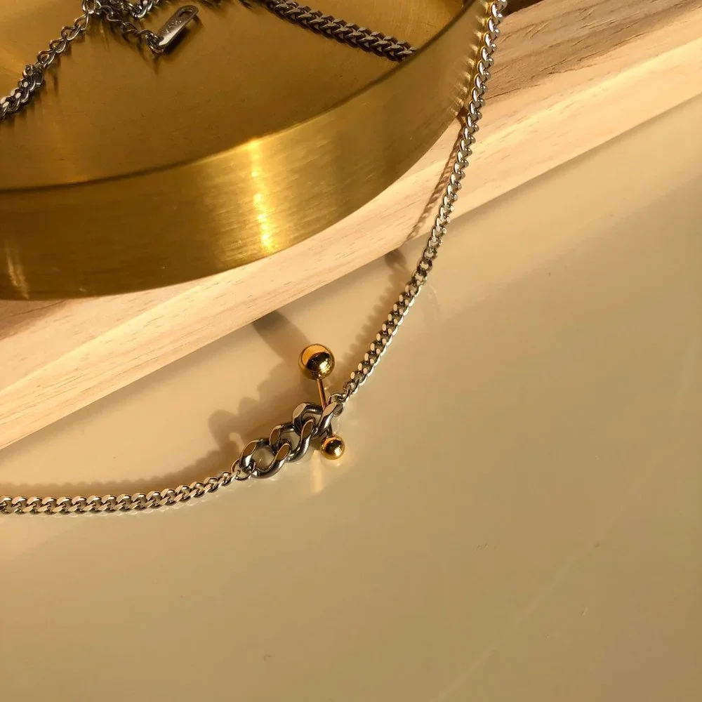 NEW Two Tone 18K Gold Plated Link Chain Gold Ball Bar Necklace